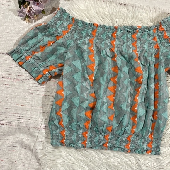 Anthropologie Blue and Orange Smocked Puff Sleeve Blouse - Picture 5 of 10